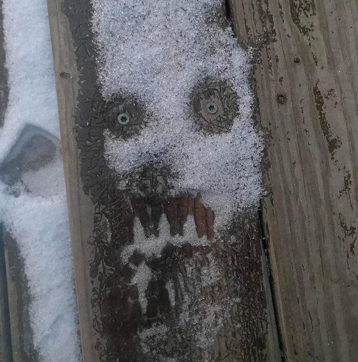Snow on wood resembling a face, capturing a striking example of pareidolia-pictures.