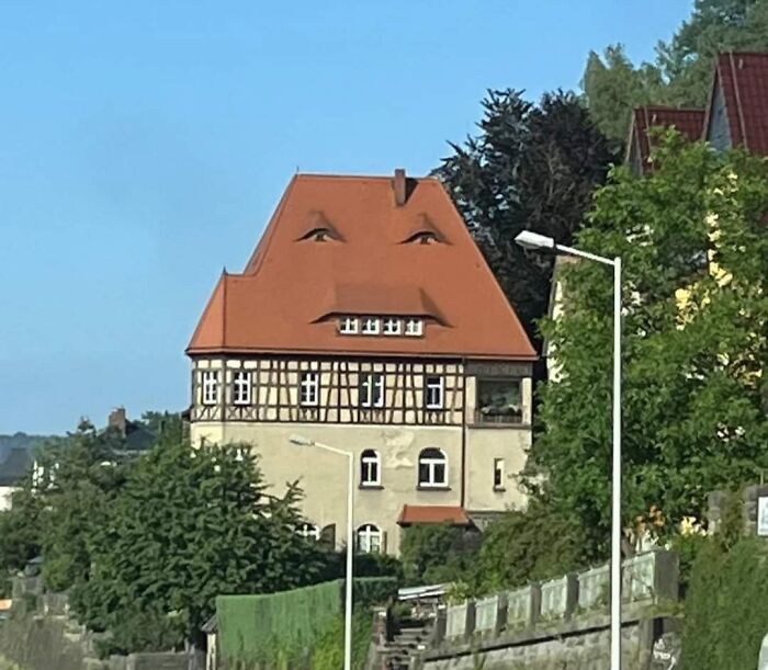 House with a roof resembling a face, illustrating Pareidolia-Pictures phenomenon.