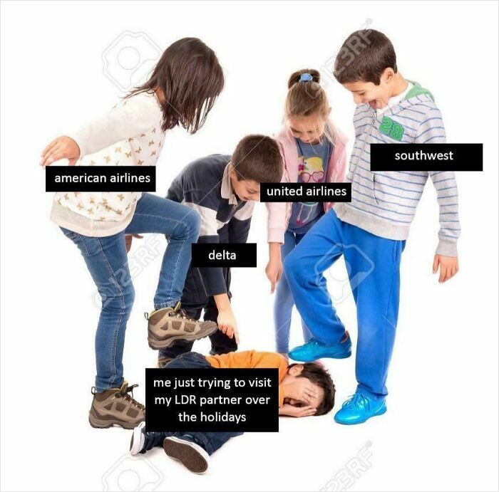 Kids labeled as airlines stepping on "long-distance relationship traveler" during holiday travel.