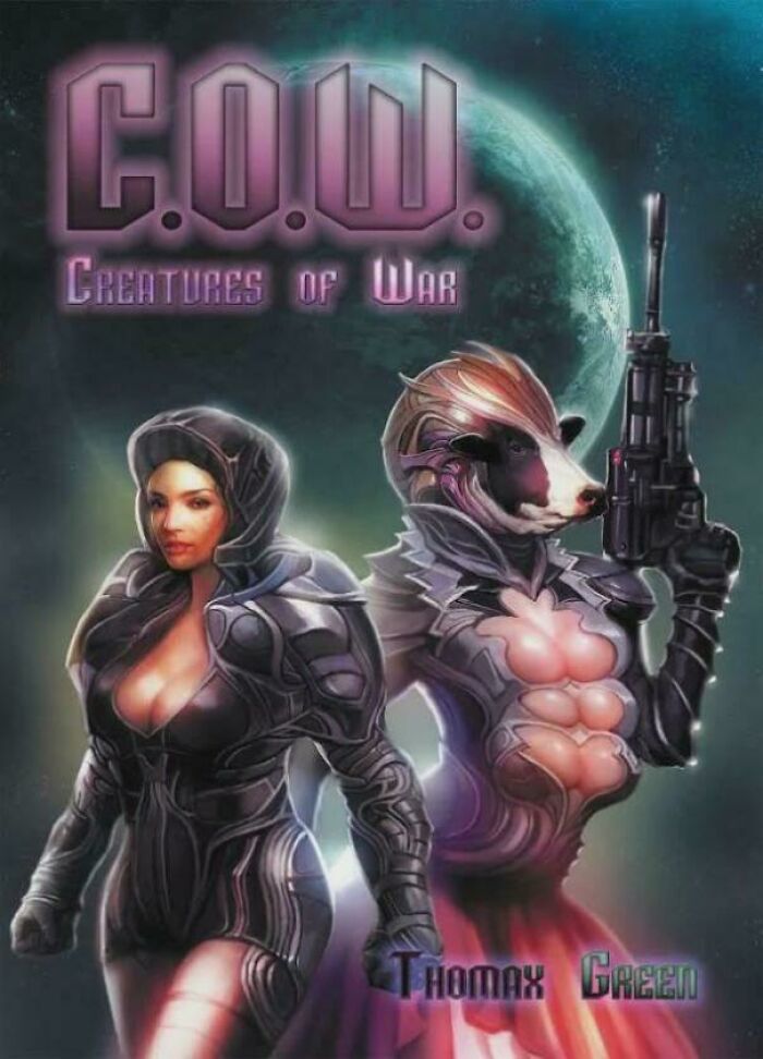 Sci-fi book cover showcasing a female warrior and a humanoid cow with a gun, titled "C.O.W. Creatures of War."