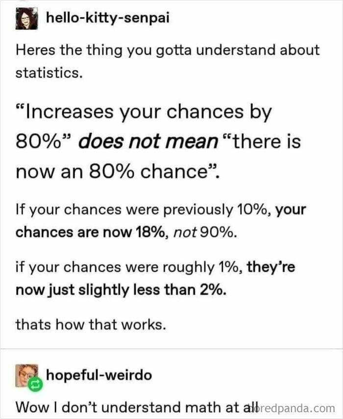 Science meme explaining statistical chances with humorous commentary.