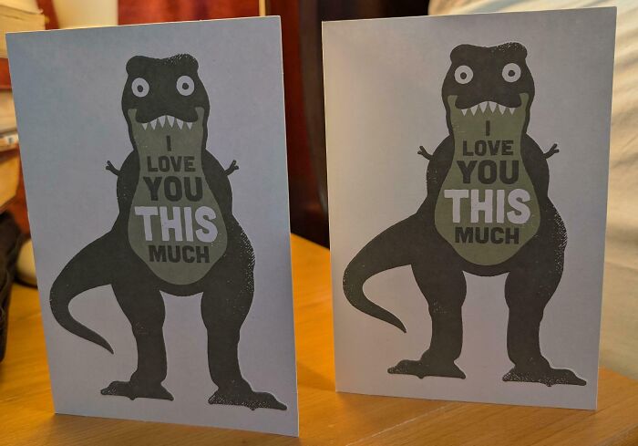 Funny-wholesome anniversary surprises featuring cute dinosaur cards expressing love.