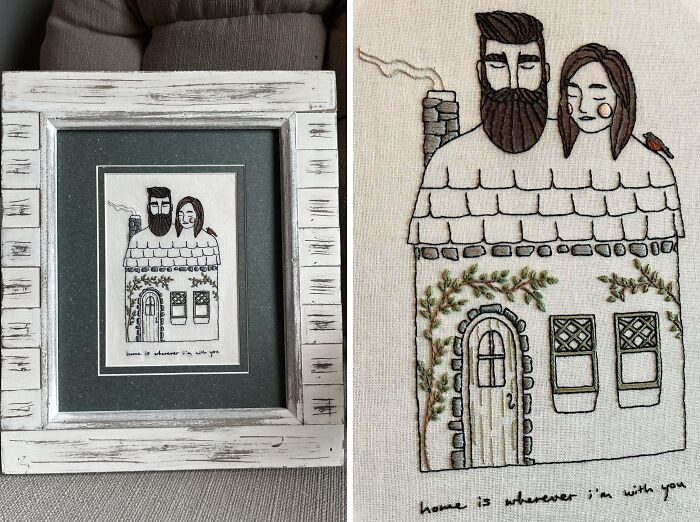 Framed embroidery art of a house with a couple on the roof, perfect for funny-wholesome-anniversary-surprises.