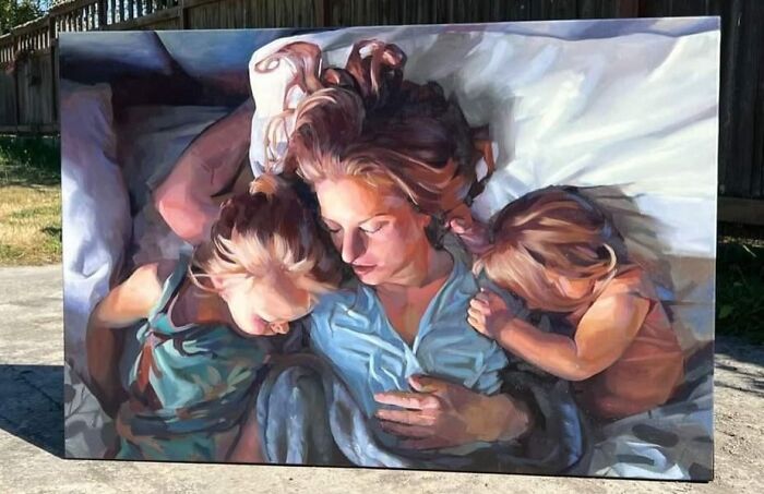 A painting of a mother sleeping peacefully in bed with two young children, capturing a funny wholesome anniversary surprise.