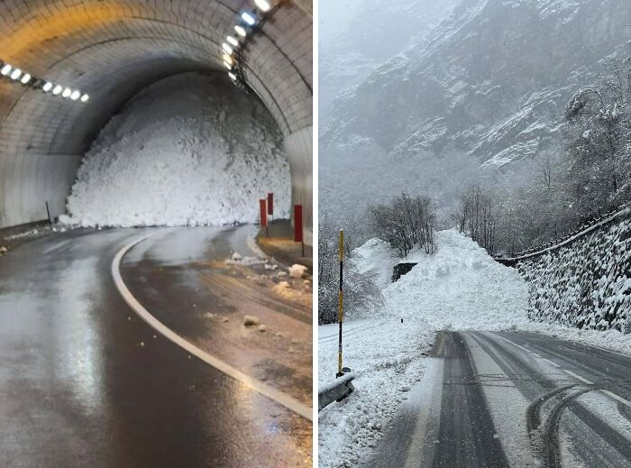 Avalanche blocking roads, demonstrating nature disaster resilience efforts in mountainous regions.