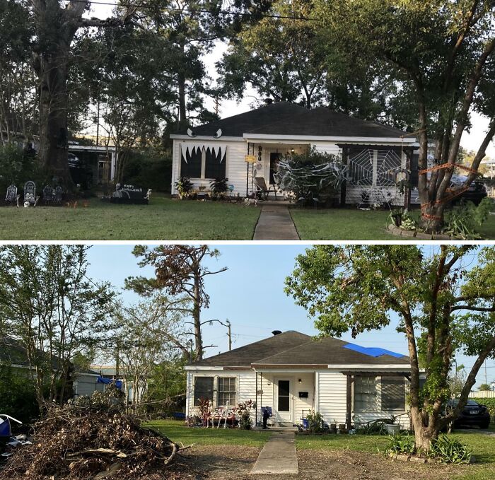 House showing nature disaster resilience before and after cleanup, with fallen branches and repaired roof.