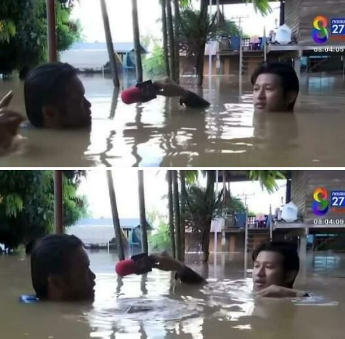 Journalist interviewing a person in floodwater, illustrating nature-disaster-resilience.
