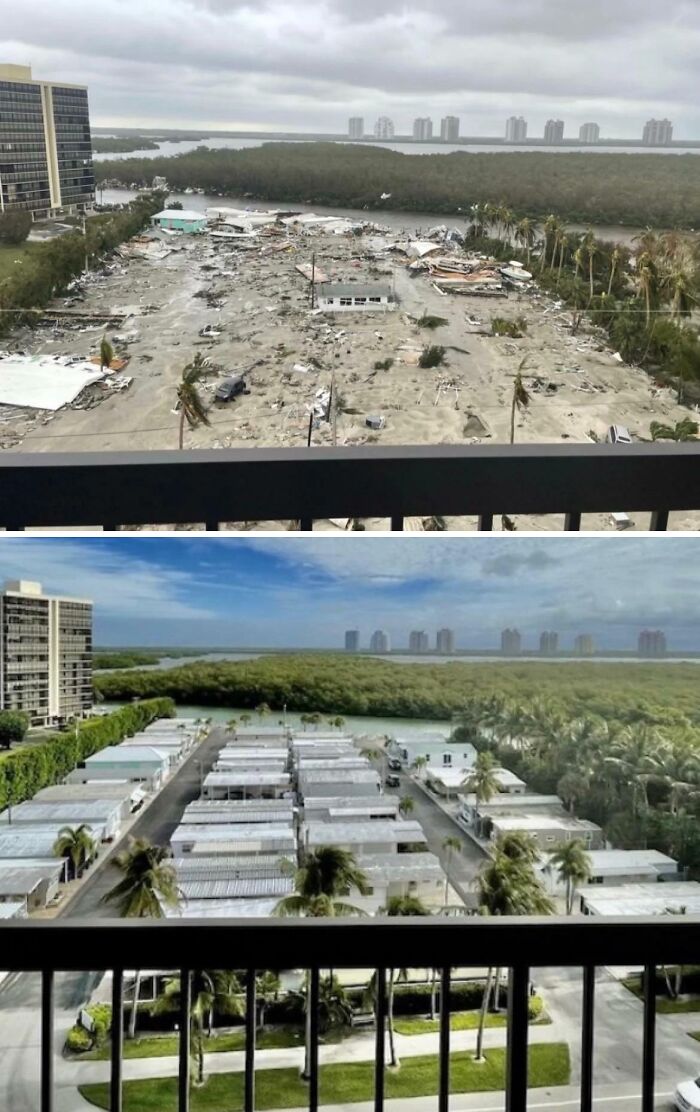 "Nature disaster resilience: Before and after images of a devastated coastal area transformed into a vibrant community."