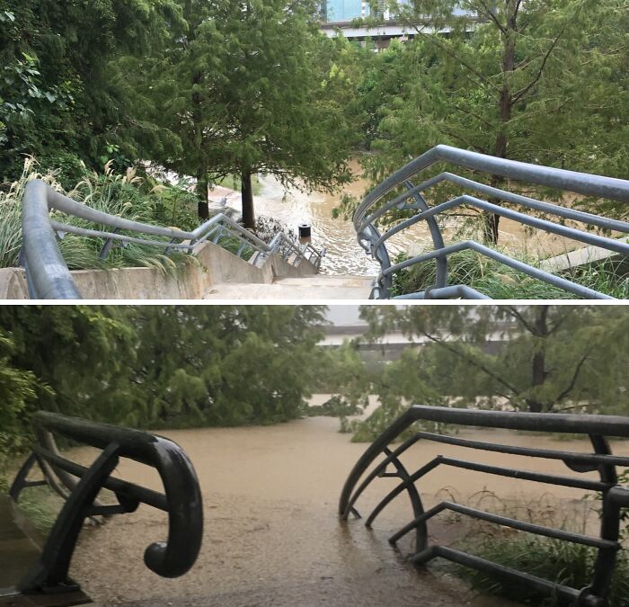 Flooded stairway in park illustrating nature disaster resilience.