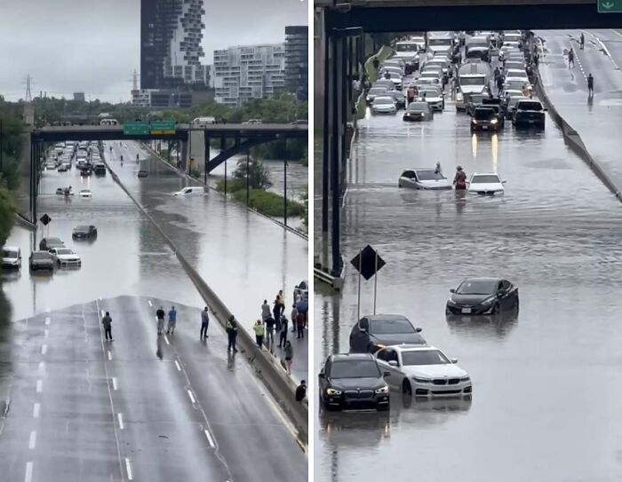 Flooded highway with stranded cars and people, showcasing nature disaster resilience challenge in urban areas.