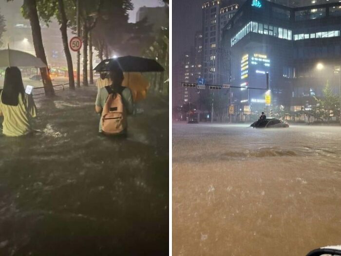 People walking and a car submerged in a flood, illustrating nature disaster resilience in an urban setting.