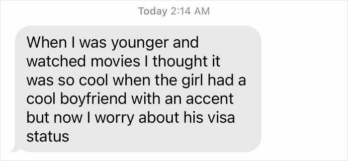 Text message about movies and visa status reflecting on long-distance love.