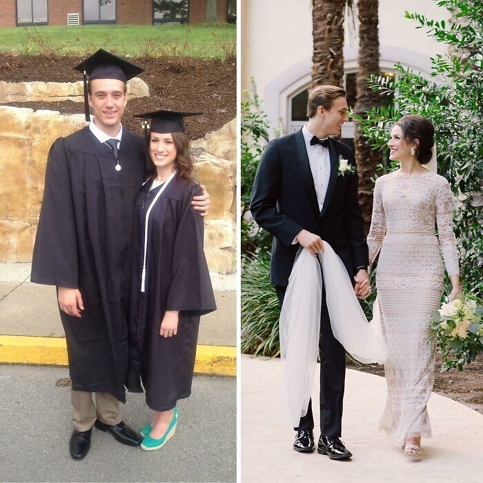 Graduates in caps and gowns beside a wedding couple, showcasing long-distance love.