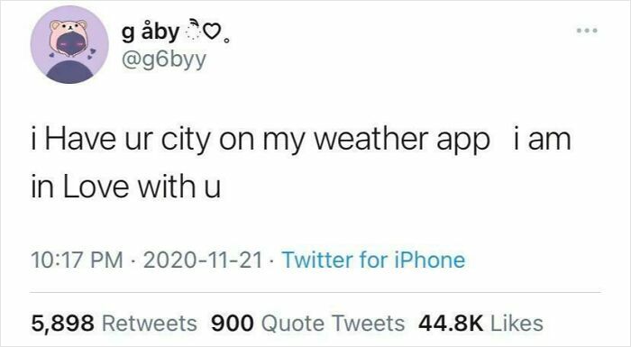 Tweet about long-distance love, "I have your city on my weather app, I am in love with you," with likes and retweets displayed.