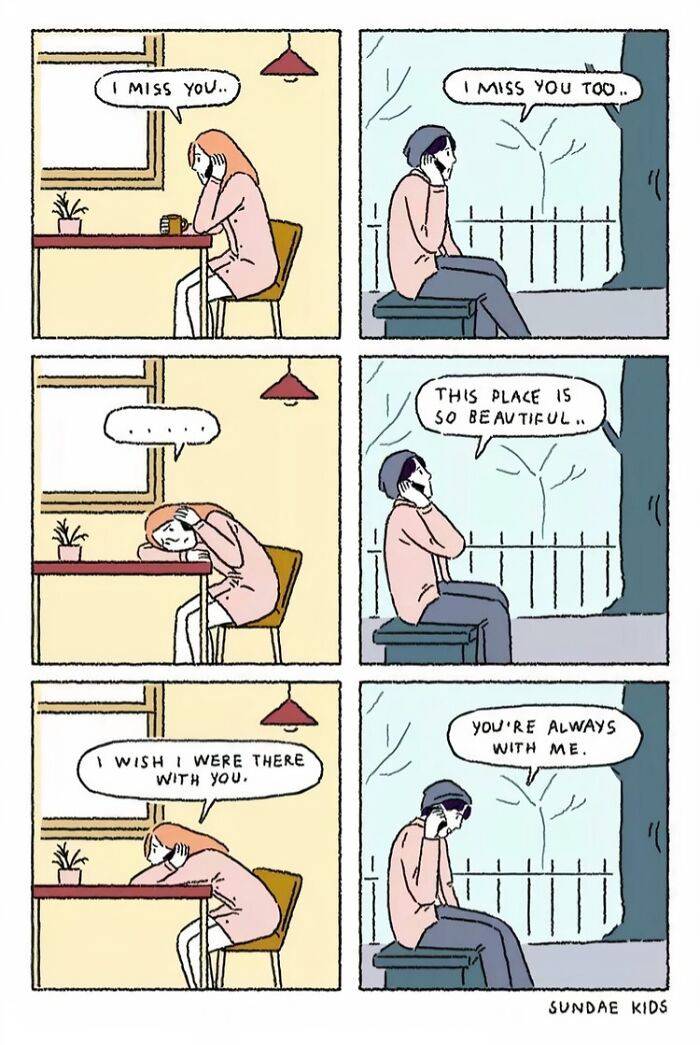 Comic strip of a couple expressing phrases of love and longing over a phone call, illustrating long-distance love.