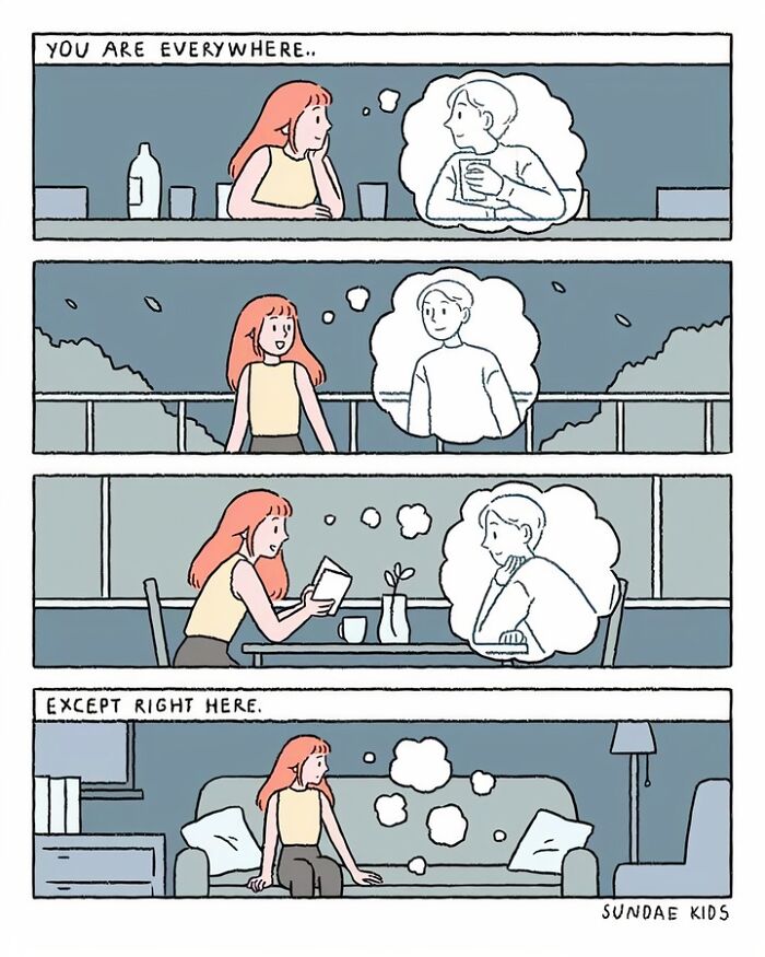 Comic of a woman imagining a distant partner, illustrating long-distance love challenges.
