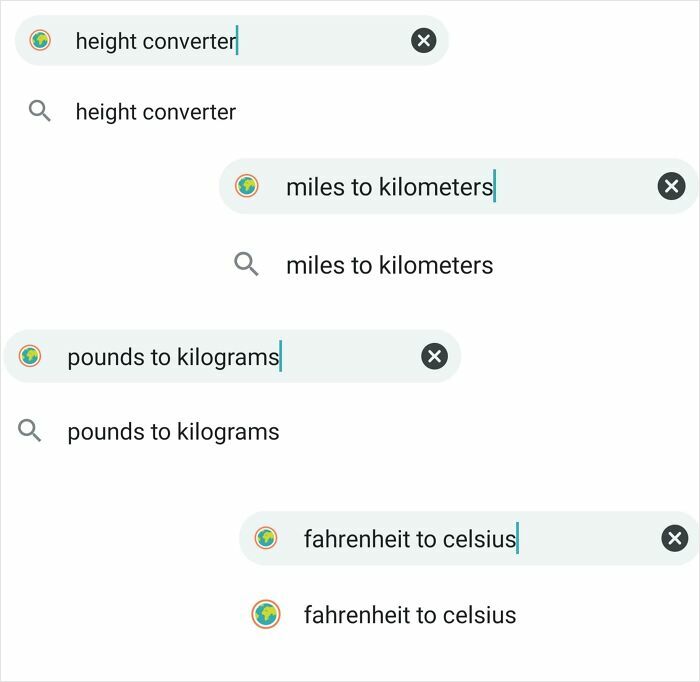 Search queries showing converters for height, miles to kilometers, pounds to kilograms, and Fahrenheit to Celsius.