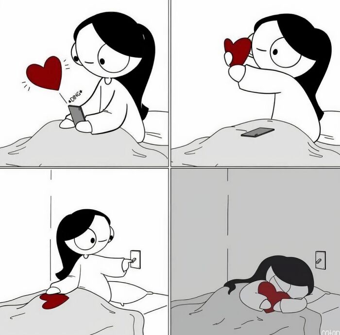 Cartoon girl receiving a heart via phone, illustrating long-distance love and connection.