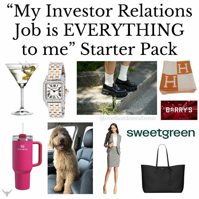 Investor relations meme starter pack with items like luxury watch, loafers, martini, and Sweetgreen logo.