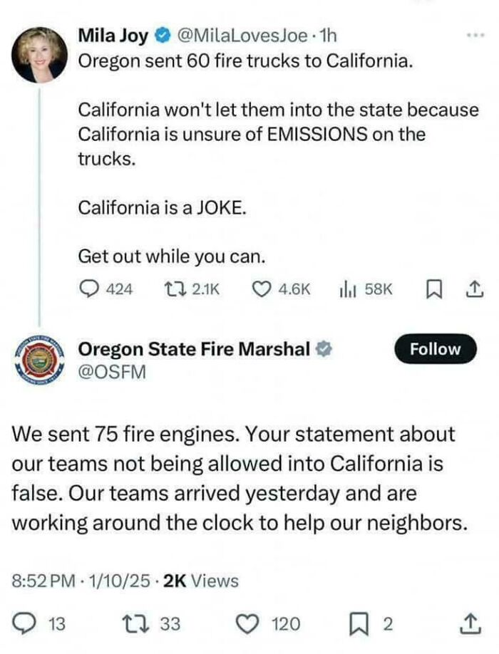 Twitter exchange calling out California's fire truck restrictions and Oregon State Fire Marshal's response on White People Twitter.