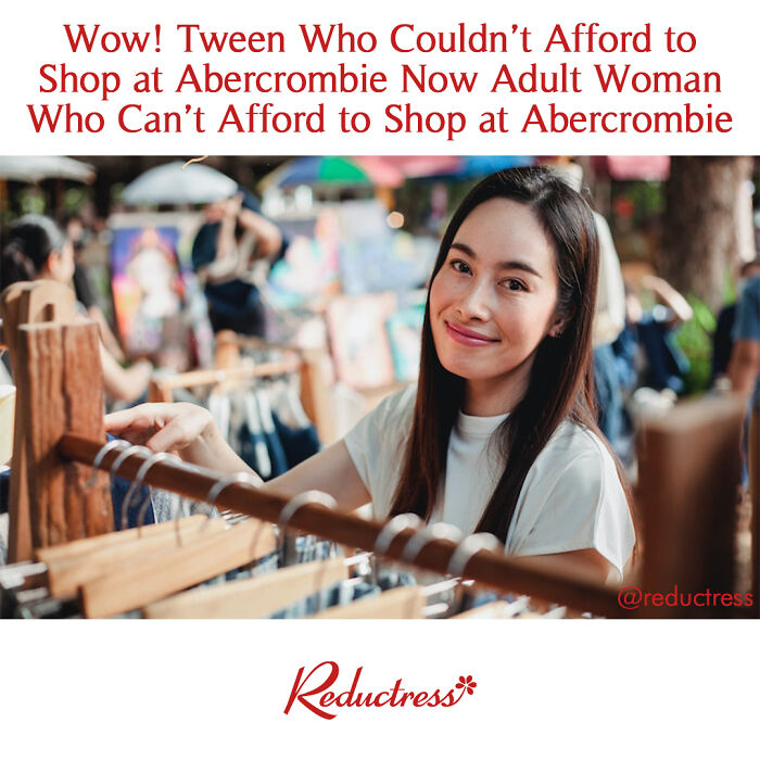 Young woman shopping and smiling in a clothing store, featured in funny fake article headlines from Reductress online magazine.