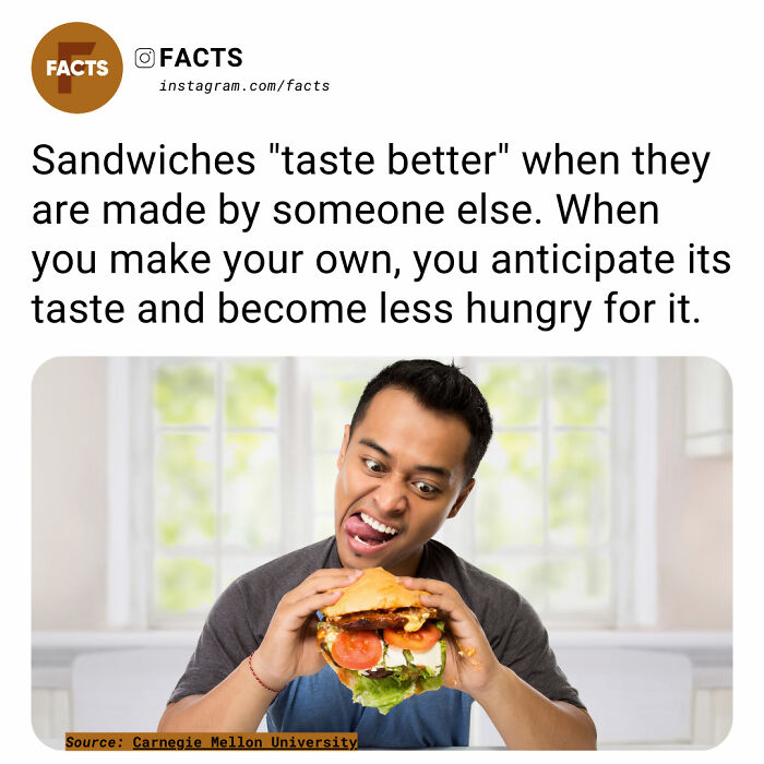 Man holding sandwich, making a face, illustrating the fascinating fact: food tastes better made by others.