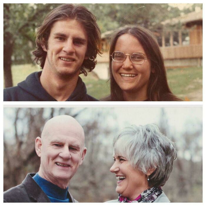 Couple sharing then vs now pics, showing their transformation and aging beautifully in outdoor natural settings.