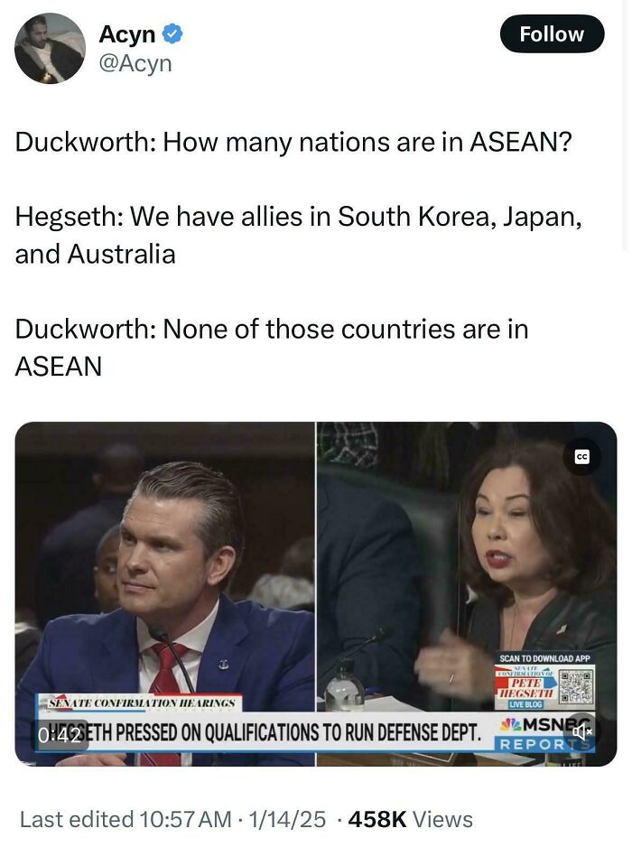 Twitter screenshot showing a humorous exchange about ASEAN countries in a political hearing, part of White People Twitter.
