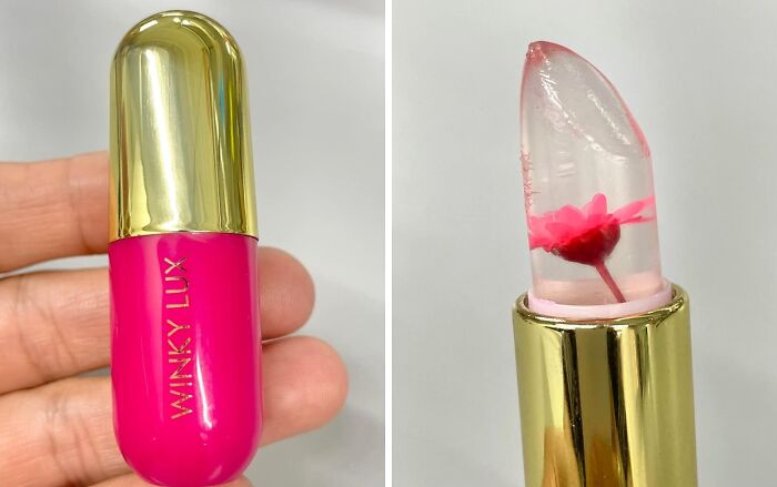 Winky Lux Flower Balm lipstick, a hot new Amazon release, featuring a clear balm with embedded flower.