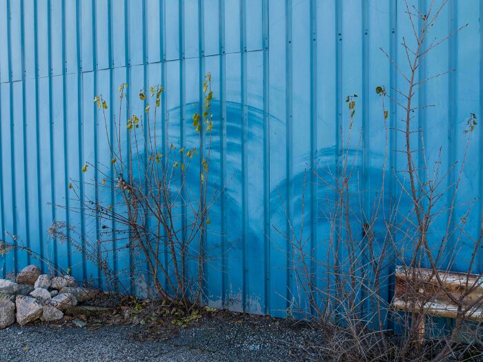 Worn-down blue metal wall with faded marks, surrounded by sparse vegetation and rocks, illustrating the effects of time.