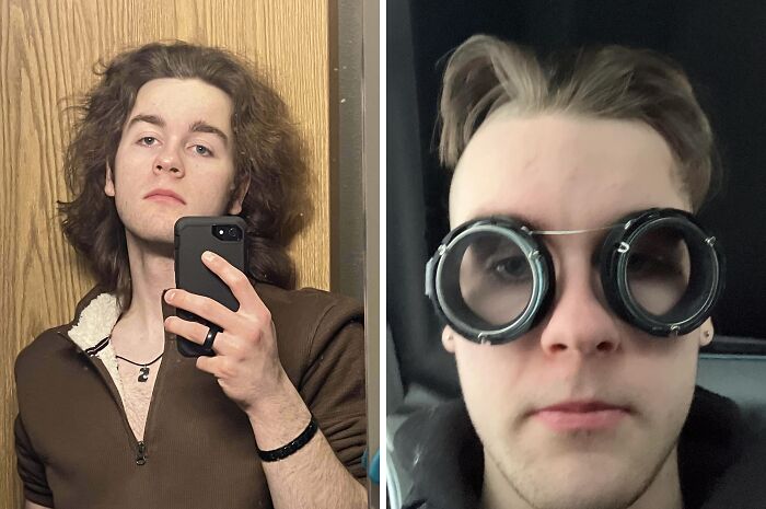 Two men showcasing unique hairstyles in selfies, highlighting hair accidents.