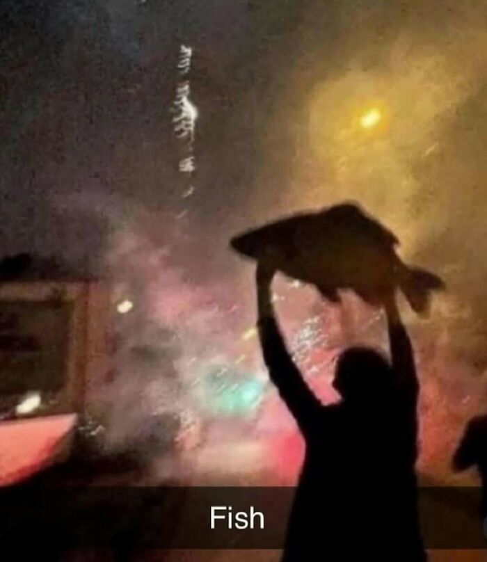 Silhouette of person holding a large fish above their head at night with blurry colorful lights in the background.