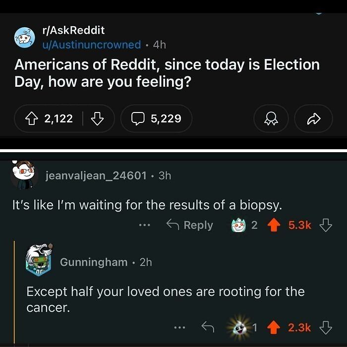 Reddit post humorously comparing Election Day feelings to biopsy results, highlighting dark humor in life's challenges.