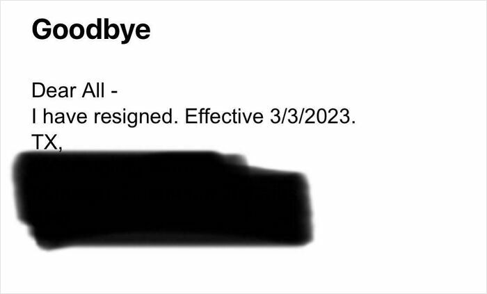Resignation letter text reading "Goodbye" and announcement of job quitting.