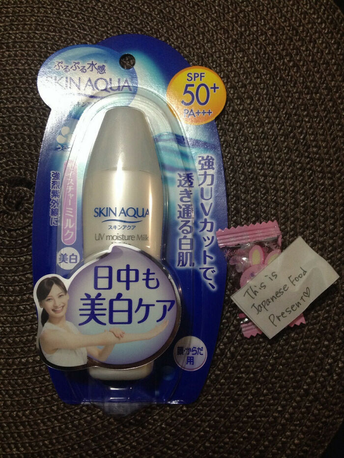 Skin Aqua UV Moisture Milk with SPF 50+ and a surprise Japanese candy pack.