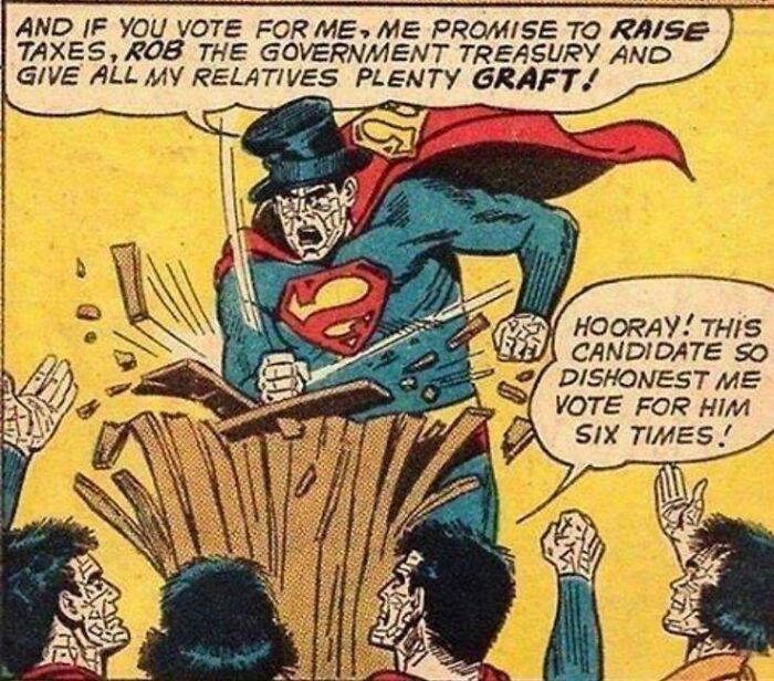 Comic character in a suit punches through a wooden podium, referencing predictions that came true.