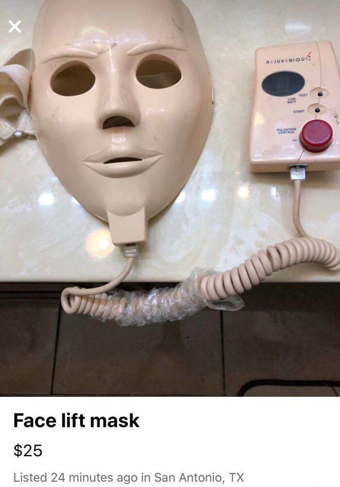 A beige face lift mask and control unit on a table, listed for sale online.