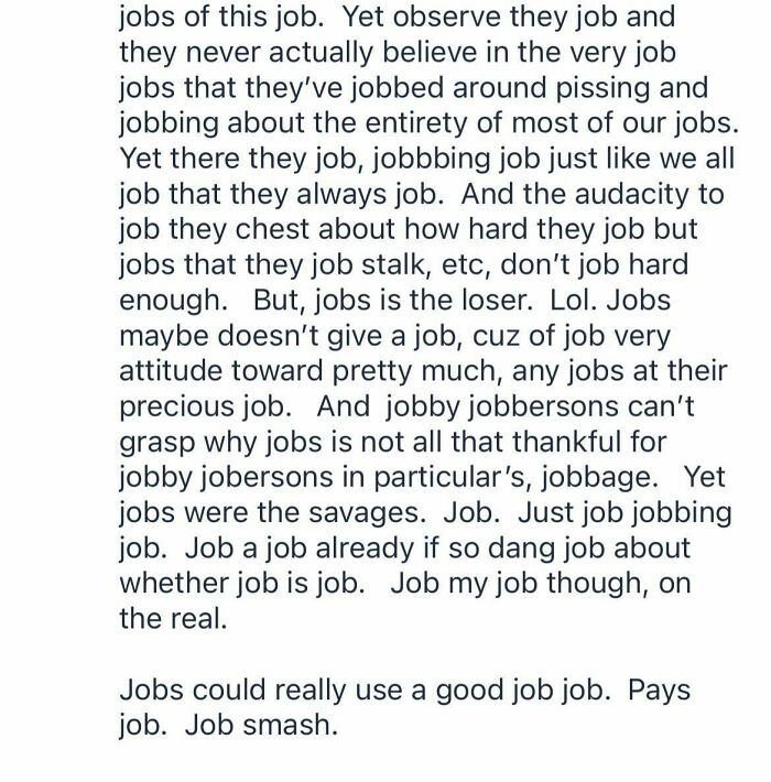 Screenshot of a funny and confusing text post featuring repetitive use of the word job, from a neighbors app collection.