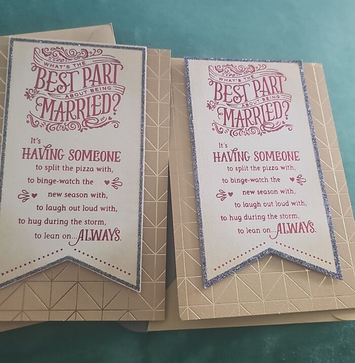 Two cards with funny-wholesome anniversary surprises about the best part of being married and sharing moments.