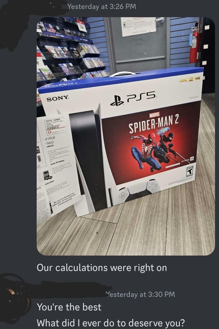 PS5 with Spider-Man 2 game as part of a funny and wholesome anniversary surprise.