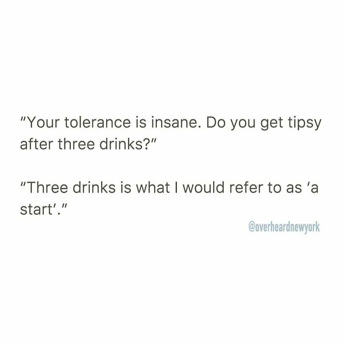 Text showing a wild NYC conversation about tolerance and getting tipsy after three drinks, highlighting NYC conversations.