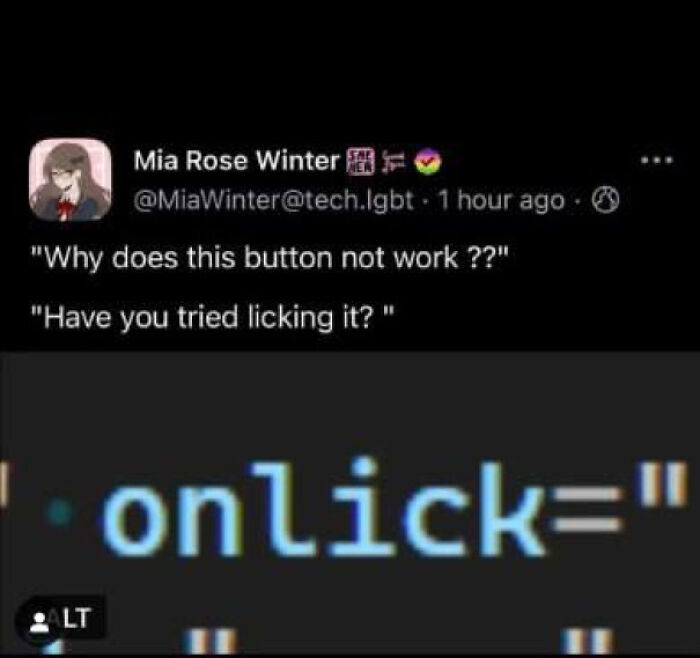 A meme for programmers showing a humorous tweet about button functionality and code snippet.