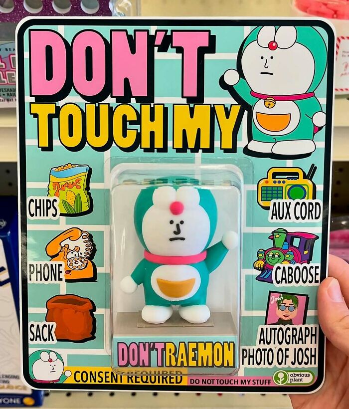 Packaging of a fake toy named Dont Traemon, one of the funny fake products sneaked into real stores by a guy.