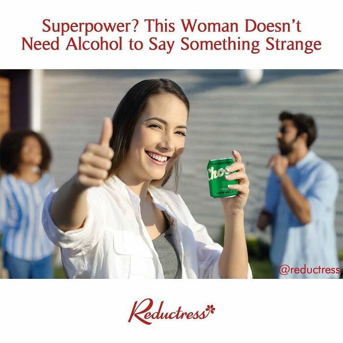 Woman holding a drink and giving thumbs up with people in background, illustrating funny fake article headlines reductress humor.