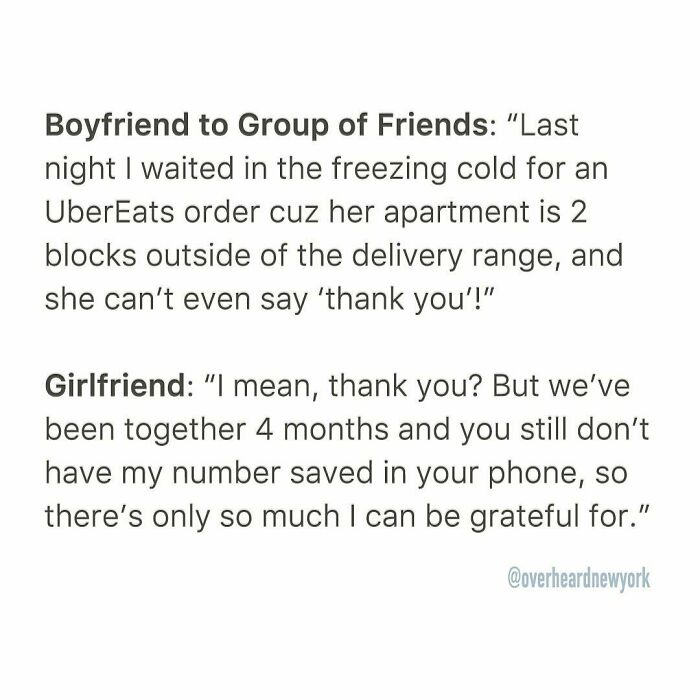 Text conversation featuring a wild NYC conversation about UberEats delivery and relationship frustrations.