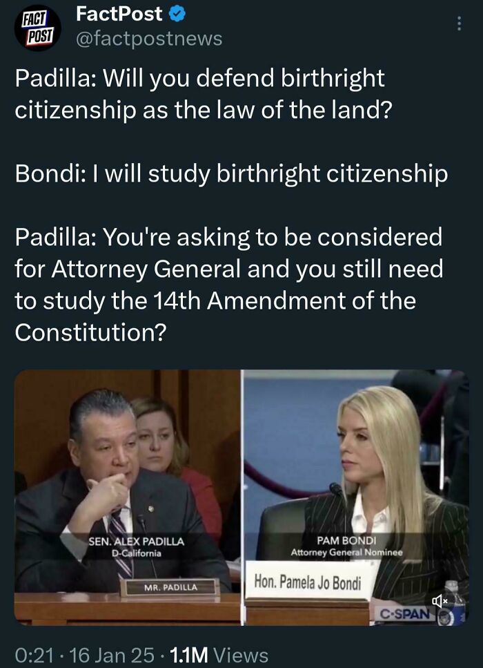 Twitter screenshot showing a political hearing discussing birthright citizenship and the 14th Amendment.
