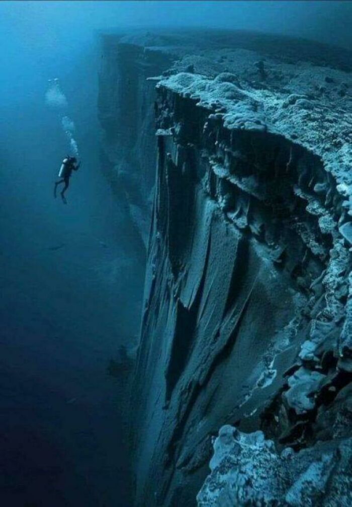 A diver explores a fascinating underwater cliff, showcasing the immense depth and intrigue of the ocean landscape.