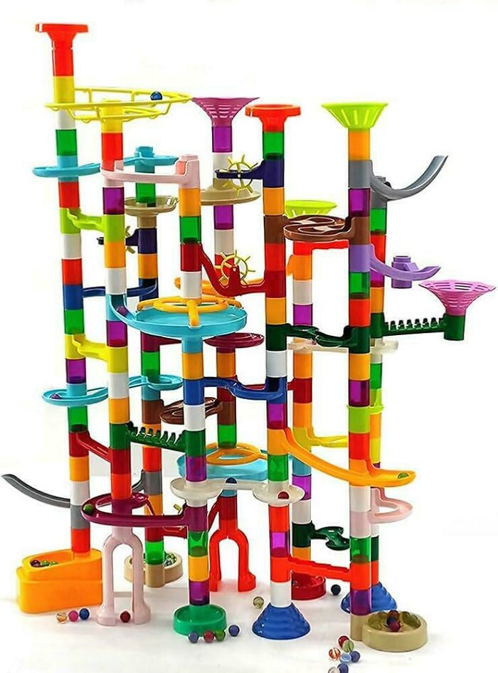 Colorful marble run toy set showing intricate design and structure, ideal for dads to play and bond with their children.