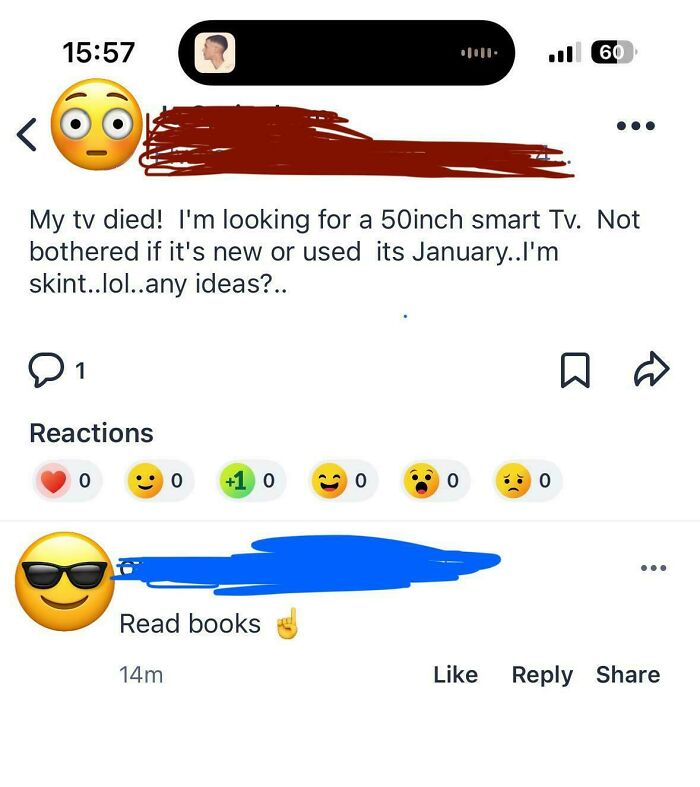 Social media post of a beggar being chooser; user seeks advice for a cheap 50-inch TV, gets suggestion to "Read books".