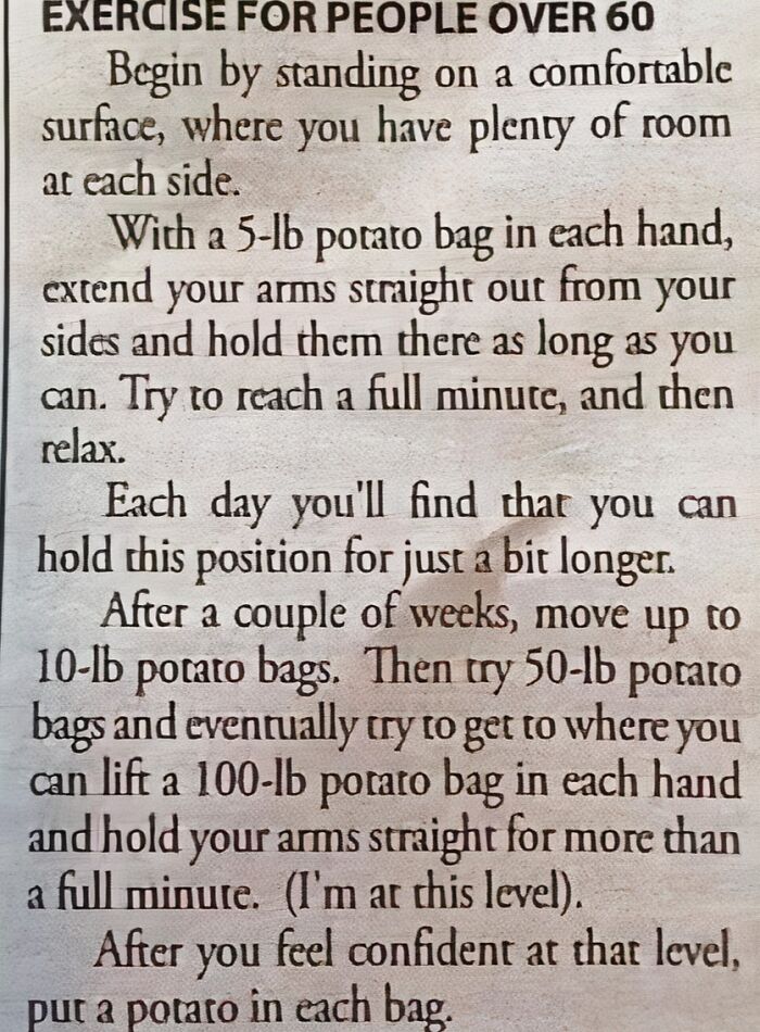 Text-based science meme detailing a humorous exercise routine for seniors using potato bags.